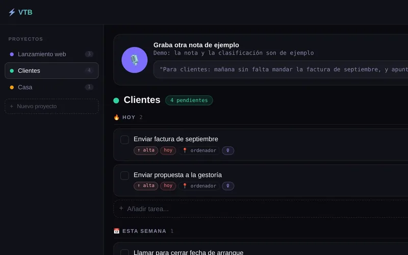 Captura de la demo de Voice Task Brain