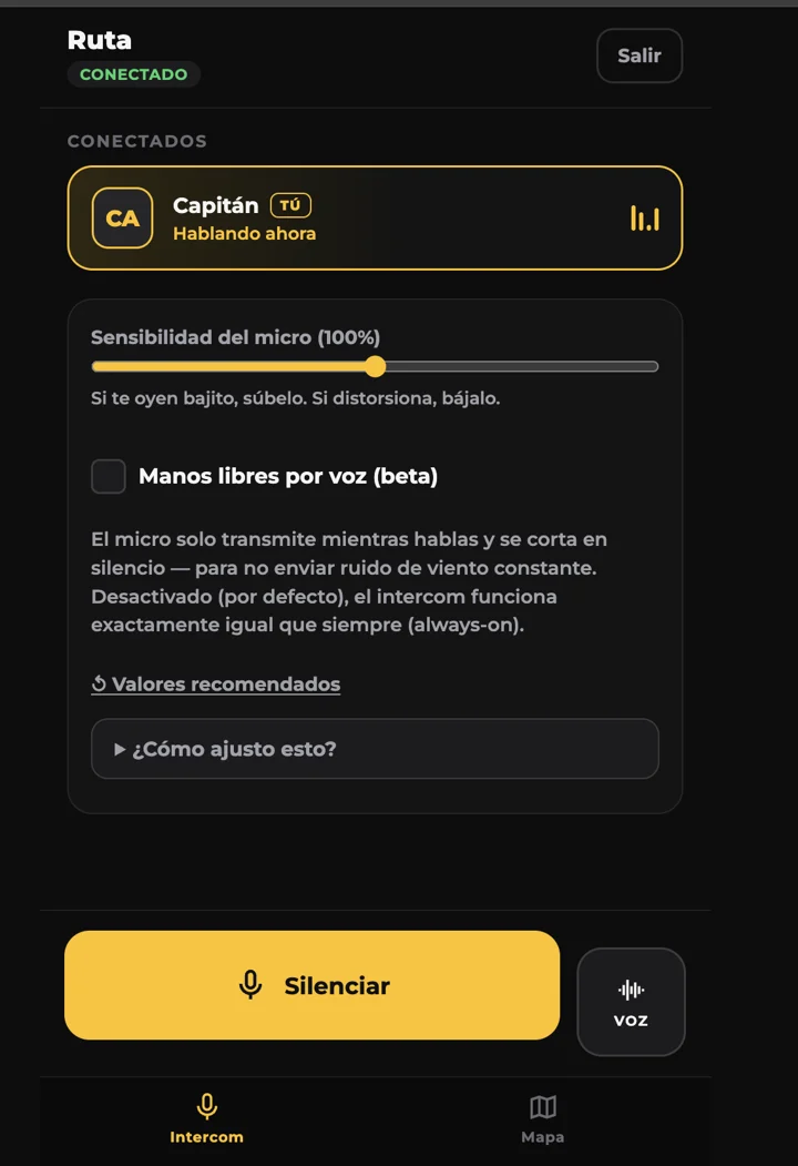 El intercom en marcha: quién habla, sensibilidad del micro y manos libres por voz.